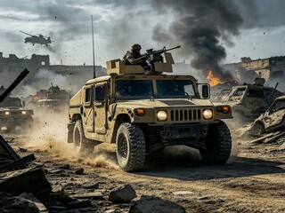 Obraz premium Military armored vehicle moving at a high rate of speed