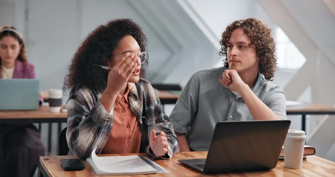 College, students and laptop in class with help, explain study material and peer support for exam. Tech, people and insight at university for essay topic, lecture slides revision and share knowledge