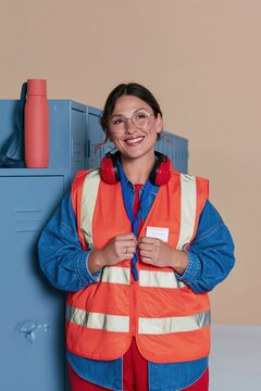 Warehouse worker attaching a temporary badge to her reflective hi-vis vest, smiling nervously for cyber monday and logistics careers