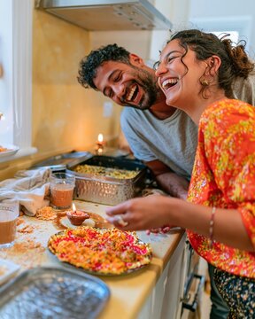 Two young Indian flatmates laughing together over a plate of festive sweets and chai in a warm kitchen for food delivery and holiday creative