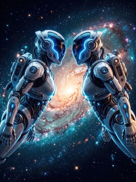 Two futuristic humanoid robots face each other before a spiral galaxy. Artificial intelligence and robotics concept. Science fiction and space exploration. Digital illustration.