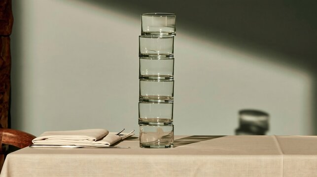 Tower of six balanced water glasses on a silver grey linen tablecloth with a cutlery set, creating a precarious arrangement for hospitality concepts