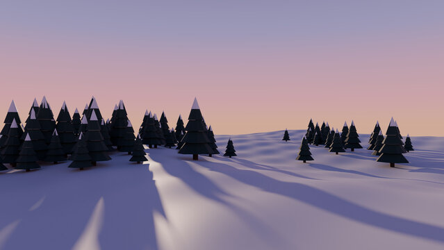 Snowy hills with pine trees under pastel pink sky at winter dusk
