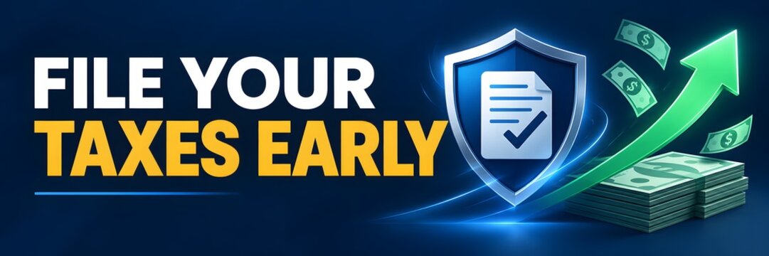 File Your Taxes Early Financial Banner, Tax Filing Season Concept, Income Tax Savings and Refund Web Header