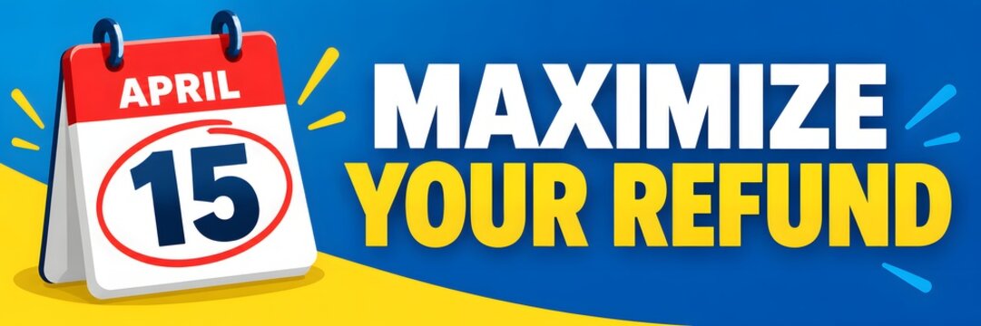 Maximize Your Refund tax day graphic banner, April 15 calendar icon concept, financial deadline illustration