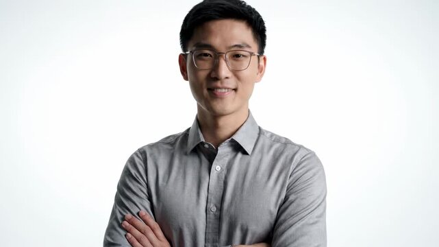 Confident young asian man smiling with arms crossed, wearing glasses and a collared shirt, professional portrait for business and lifestyle concepts