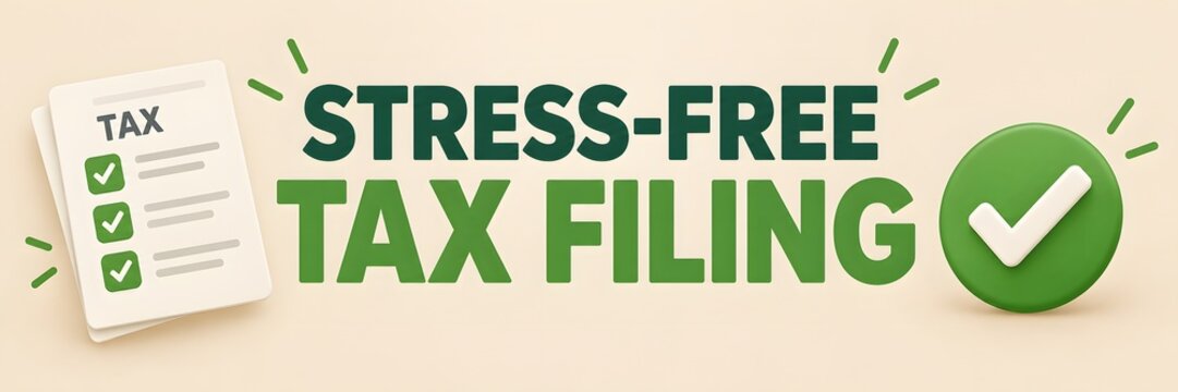 Stress-Free Tax Filing Banner, Easy Income Tax Preparation Concept, Financial Planning Web Header