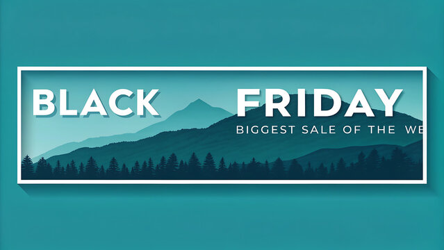 Black Friday Sale Banner with Mountain Landscape and Pine Trees Background