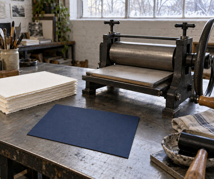 Etching press and paper in a printmaking studio. Hands-on printmaking workshop experience. Creative experience gift. Creative craft education and artistic skill building