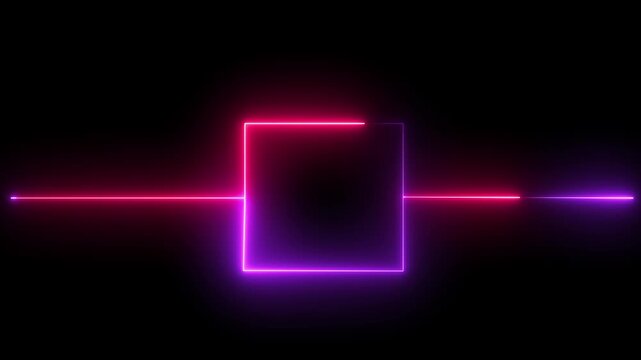 Neon glowing cube illuminated on reflective dark surface . neon cube reflecting across futuristic mirrored space