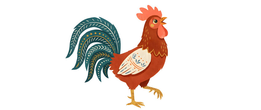 Rooster, bird and poultry for farm house decor, morning wake up call and agricultural branding. Red cockerel, folk art and country animal with decorative tail, feathers in home and kitchen design