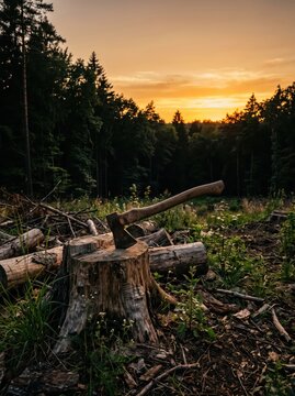 Axe embedded in tree stump in forest clearing at sunset. Cut logs and woodland beneath evening sky. Forestry, woodcutting and timber harvesting. Logging, land clearing and forest management.