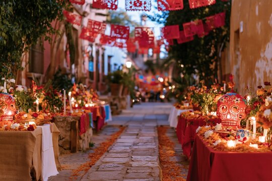 Day of the Dead street decorated with marigolds and candles, featuring glowing ofrendas and papel picado for Mexican tradition