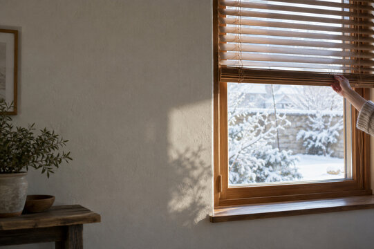 Hand lifting wooden blinds beside a window overlooking a snow-covered garden. Winter ritual at home. Seasonal routine and cozy indoor living. Snowy weather and domestic comfort