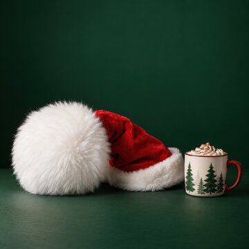 Giant white pompom on a red santa hat tipping over on a forest green surface beside a cozy mug, for holiday retail and festive campaigns