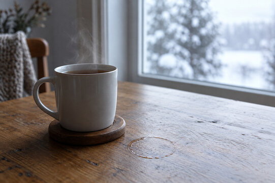 Steaming mug of hot tea on wooden table beside snowy window. Winter morning ritual. Hot drink and seasonal comfort. Cozy indoor pause, slow living and hygge lifestyle at home