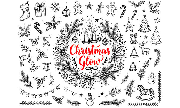 Christmas Glow wreath with candles and scattered holiday doodle icons seasonal vector set