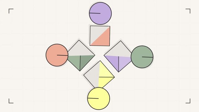 Abstract composition of geometric shapes including squares, triangles, and semicircles arranged in a symmetrical cross pattern with soft colors