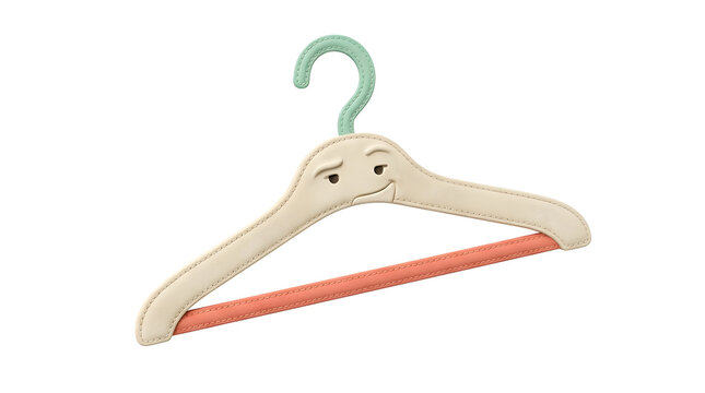 Clothes hanger, child and wardrobe with cute face for nursery, closet organization and retail display. Padded, leather and stitch with personality, fashion storage and home decor for kids room and in