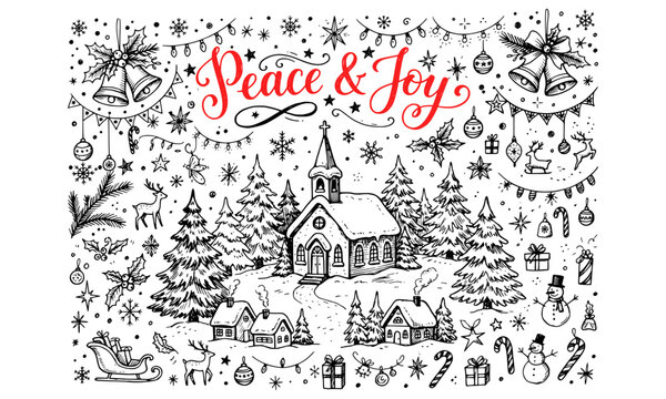 Peace and Joy winter night church village landscape vector illustration detailed line art