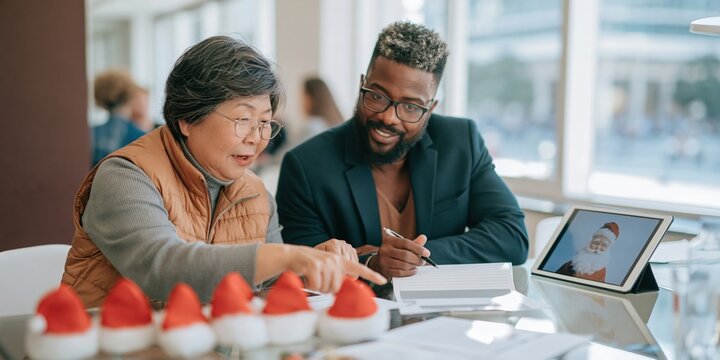 Red santa hats arranged in a row on a reflective table as a woman points and a man takes notes in a bright office with copy space