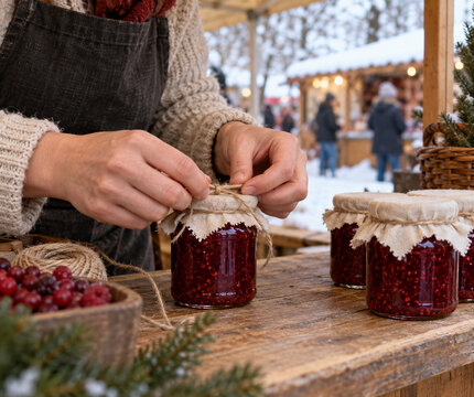Vendor ties cloth around a jar of berry jam at a snowy local market. Handmade preserves and artisanal food gifts. Winter market shopping. Small business and homemade goods