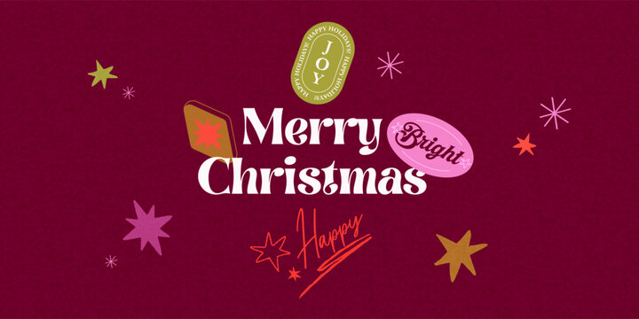 Modern Christmas Card or Poster with Bold Typography, Geometric Sticker Shapes and Hand Drawn Stars in a rich burgundy, pink, olive and coral palette. Holiday artwork for season greetings, covers.