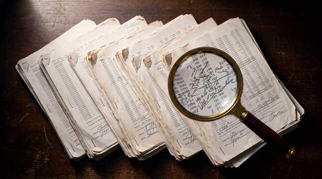 Old ledgers under a magnifying glass audit concept