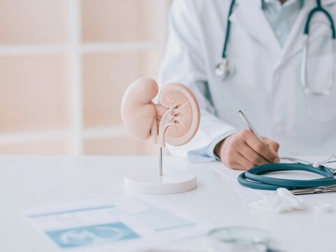 Kidney model on a stand with a urologist in a cotton lab coat writing notes, a detailed medical scene for nephrology and urology clinics