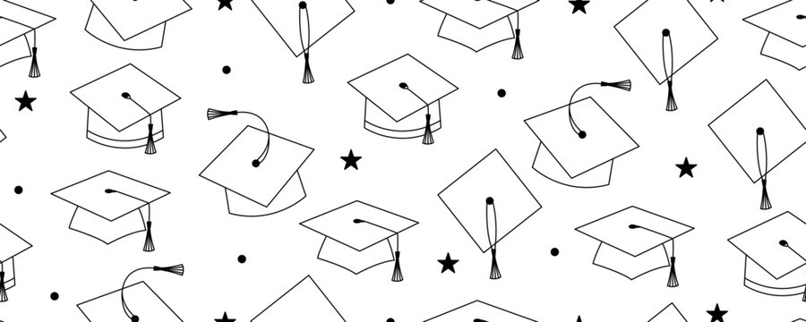 Graduation Cap Seamless Pattern. Doodle Graduate with Student Hat Background. Graduate Study Education Bg. Line Vector Wallpaper Background