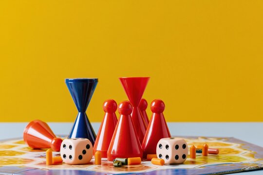 Board games pieces with red pawns, dice and a timer on a hex map, featuring glossy surfaces and copy space for family game night content