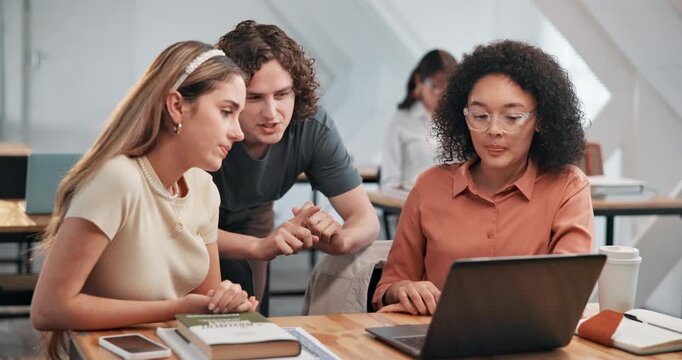 Study group, students and laptop at college with help, explain lecture slides and share knowledge. University, people and tech for academic support, exam tips and tutoring for essay guidance in class