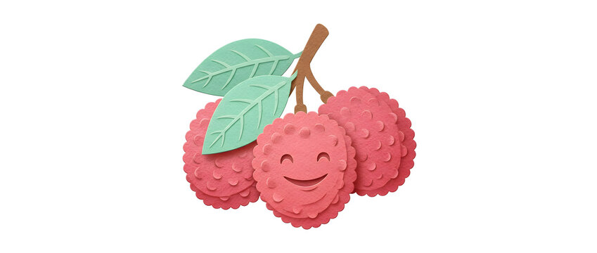 Lychee fruit, paper cut and happy character on white background for healthy eating, food marketing and child education. Cute litchi, tropical snack and berry with smile for nutrition and organic life