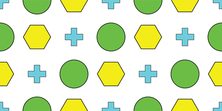 Abstract geometric seamless pattern with green circles, yellow hexagons, and light blue crosses on a white background. Simple basic shapes vector illustration.