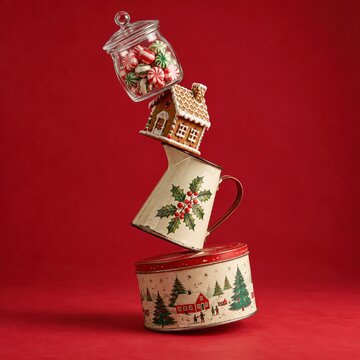 Vintage cookie tin supporting a precarious tower of retro holiday kitchenware, featuring a gingerbread house and candy jar