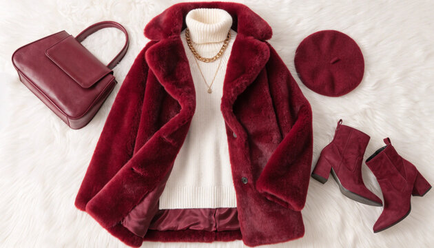 Winter fashion outfit with burgundy faux fur coat and accessories