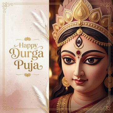Elegant Durga Puja greeting card with close up goddess face and white kash phool grass elements on soft light background.