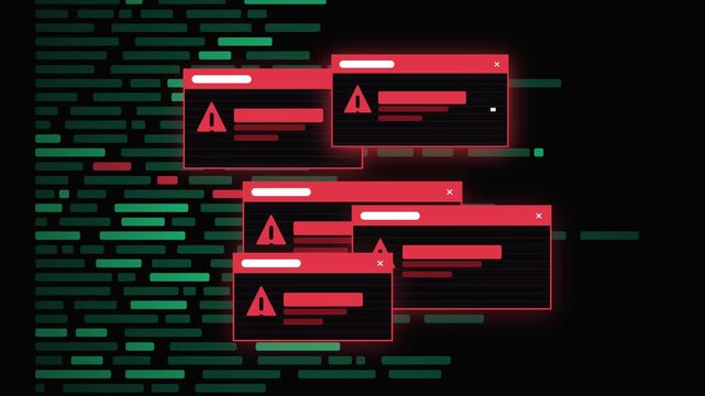 Programming Code Encountering Multiple System Error Warning Pop Ups Symbolizing a Critical Software Failure or Cyber Attack on a Digital Interface