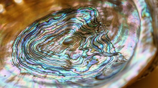 Close up of iridescent abalone shell interior with swirling patterns and vibrant colors