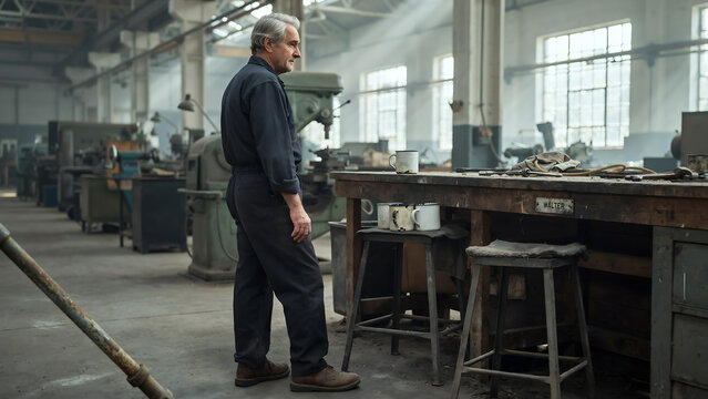 Senior worker in overalls standing by an old workbench in an empty machine shop with sunlight through factory windows
