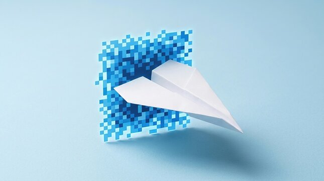 Paper airplane flying through digital pixelated wall on blue background