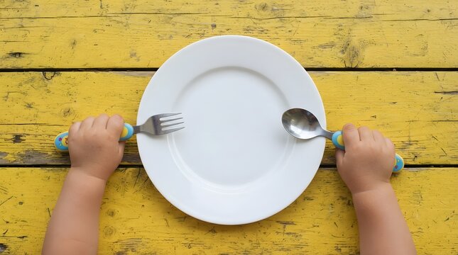 Child s hands holding a fork and spoon above an empty white plate on a yellow wooden table for meal preparation or dining scene