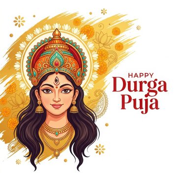 Goddess durga ma face in golden crown with yellow brush stroke for durga puja festival greeting card.