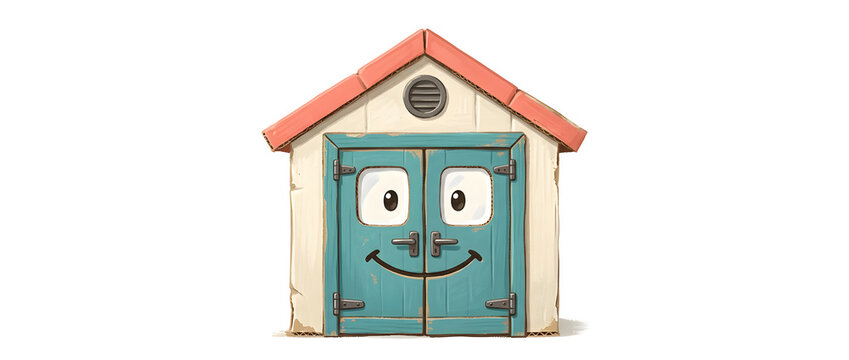 Cartoon house, shed and building with smiling face on door for children, daycare and nursery. Toy, character and home icon with blue entrance, red roof and cute expression for mascot storytelling