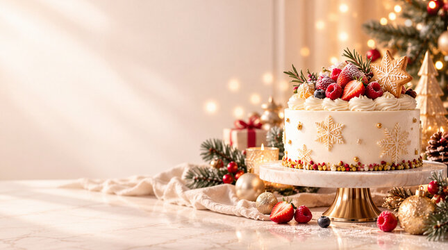 Elegant Christmas Cake with Berries and Festive Decorations on Holiday Background