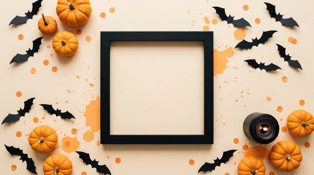 Halloween Flat Lay with Pumpkins Bats and Empty Frame