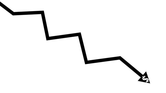 Downward arrow with dollar sign falling money loss decline and financial trouble animation