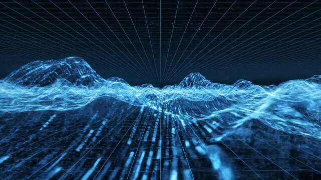 Abstract digital landscape of glowing blue particles forming mountains and valleys in a futuristic grid, representing data flow and network connections