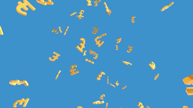 Luxury gold Pound currency symbols falling down effect on transparent solid background. Pound sign shining particle explosion 4K Financial Business Concept.