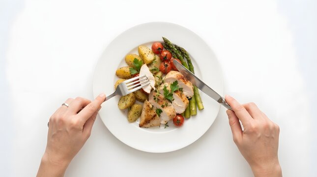 Healthy balanced meal with fresh vegetables chicken and whole grain rice served on white plate for nutritious eating and meal planning